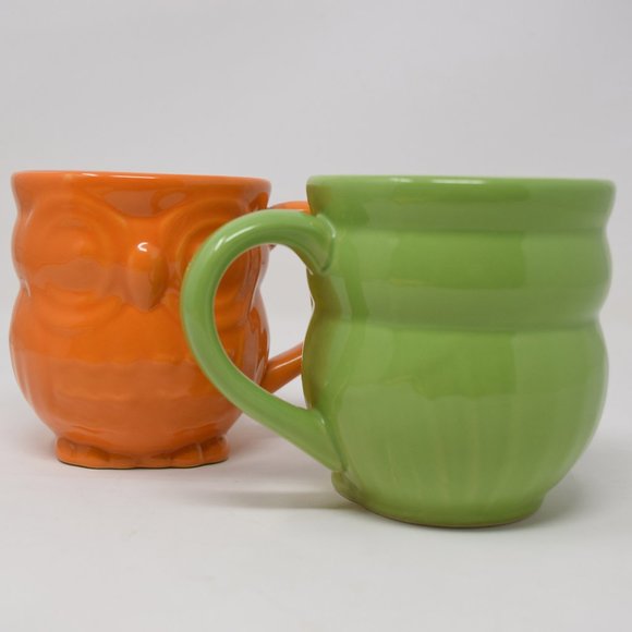 2 Owl Mugs Ceramic Orange Green 12 oz 3D Shaped Retro Boho - Picture 2 of 11